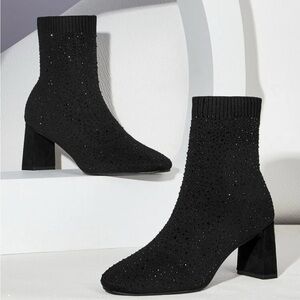 Black Glitter Bedazzled Stretch Ankle Boots Square Block Heel 38 7.5